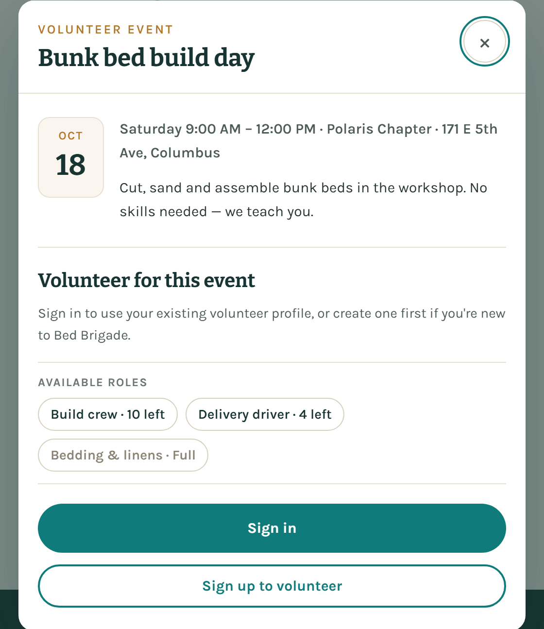 The event panel showing the date, time, place, the available roles as pills, and two buttons: a filled Sign in button and an outlined Sign up to volunteer button.