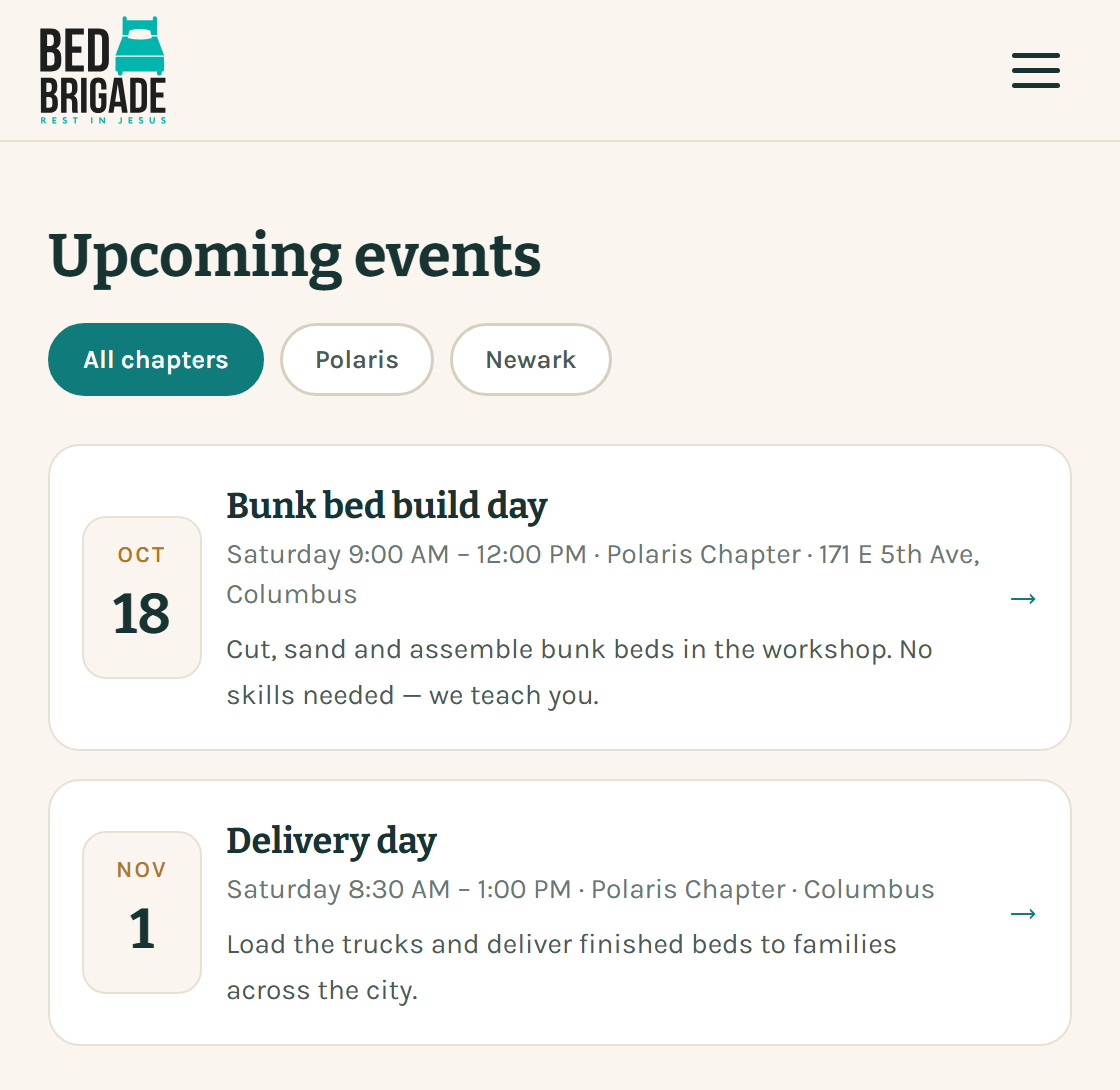 The events page listing two events, each with a date box, a title, the time and place, and a short description.