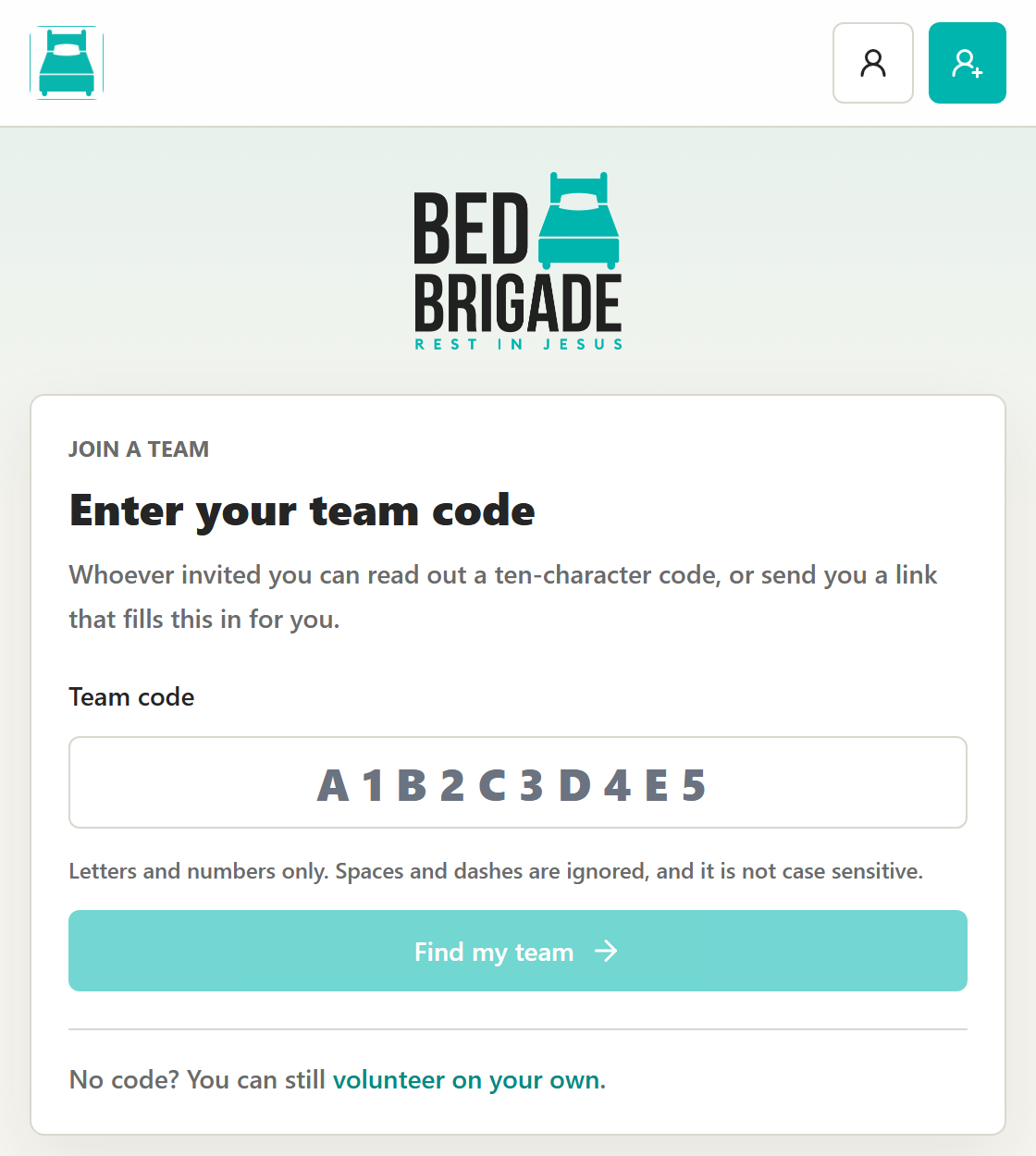 The Join a team page, headed Enter your team code, with a team code box showing the example A1B2C3D4E5 and a Find my team button.