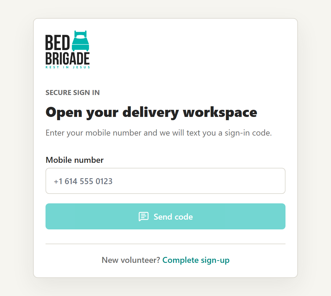 The volunteer sign-in screen, headed Open your delivery workspace, with a mobile number box and a Send code button.
