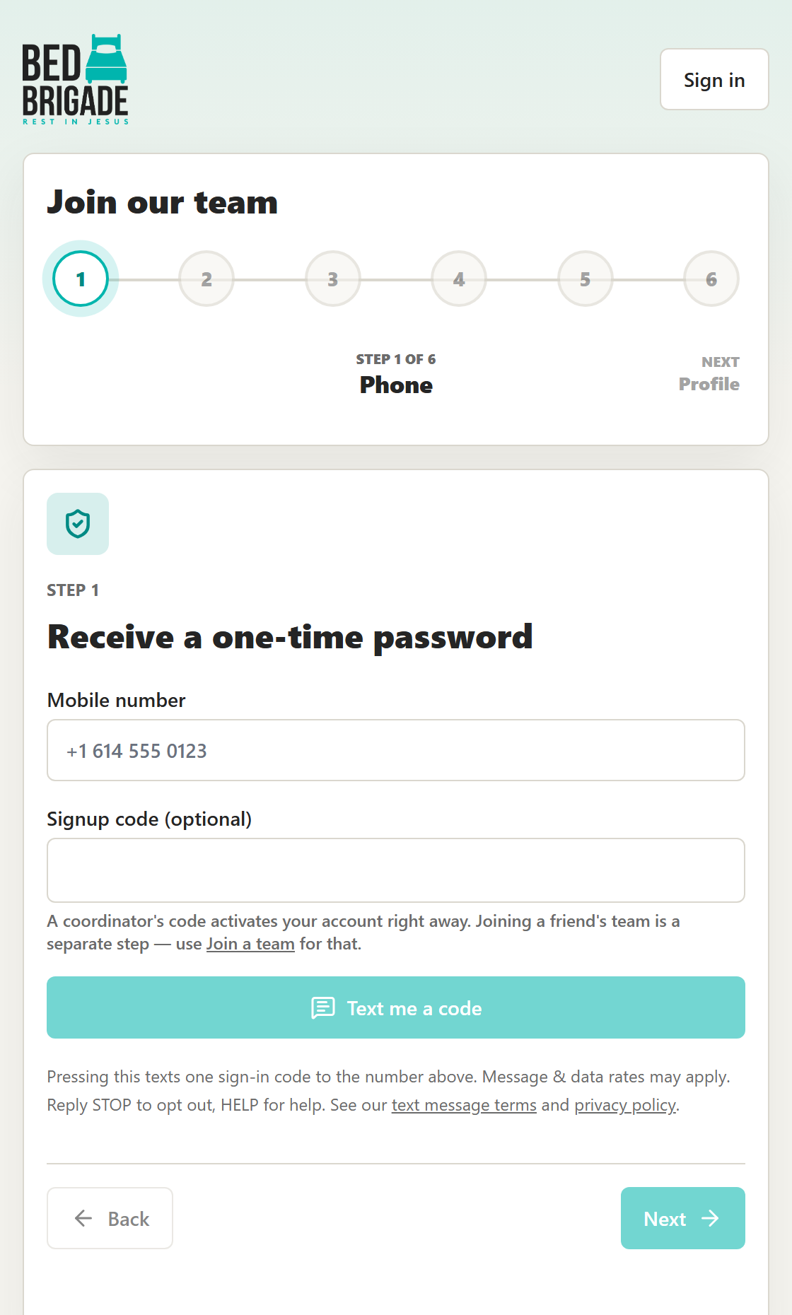 Step 1 of the volunteer signup, headed Receive a one-time password, with a mobile number box, an optional signup code box, and a Text me a code button.
